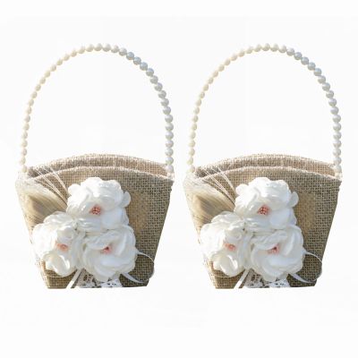 Dysetcs 2Pcs Rustic Flower Girl Basket Burlap Wedding Flower Basket with Pearl Handle Burlap Jute Flower Basket for Vintage Wedding Ceremony Christmas Decoration