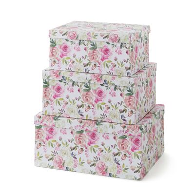 Soul & Lane Decorative Storage Cardboard Boxes with Lids | Summer Rose - Set of 3 | Floral Paperboard Nesting Boxes