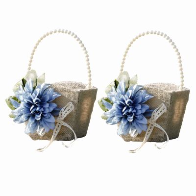 Dysetcs 2Pcs Rustic Flower Girl Basket Burlap Wedding Flower Basket with Pearl Handle Burlap Jute Flower Basket for Vintage Wedding Ceremony Christmas Decoration