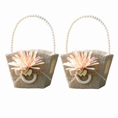 Dysetcs 2Pcs Rustic Flower Girl Basket Burlap Wedding Flower Basket with Pearl Handle Burlap Jute Flower Basket for Vintage Wedding Ceremony Christmas Decoration