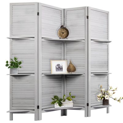 AMBITION LAND Room Divider with Shelves, Privacy Screen, Room Dividers and Folding Privacy Screens, 4 Panel Wood Temporary Wall Partition Separation Separator, Grey