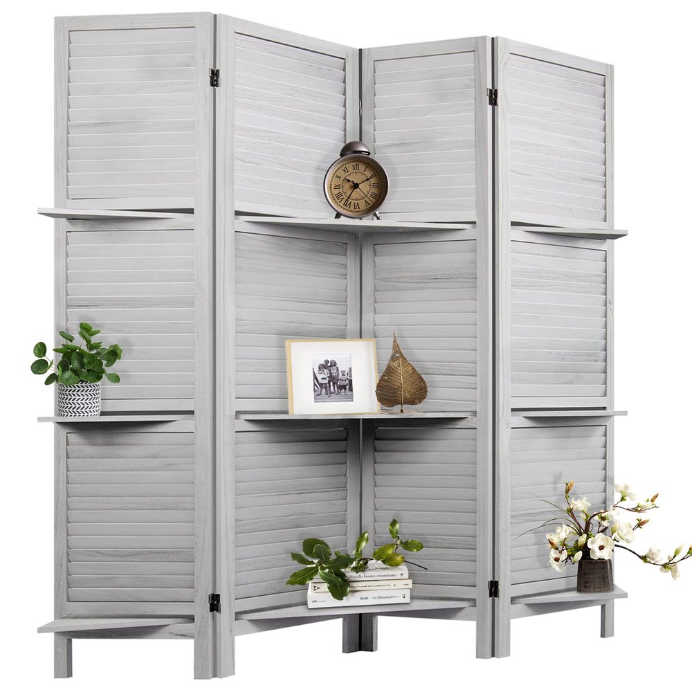 AMBITION LAND Room Divider with Shelves, Privacy Screen, Room Dividers and Folding Privacy Screens, 4 Panel Wood Temporary Wall Partition Separation Separator, Grey