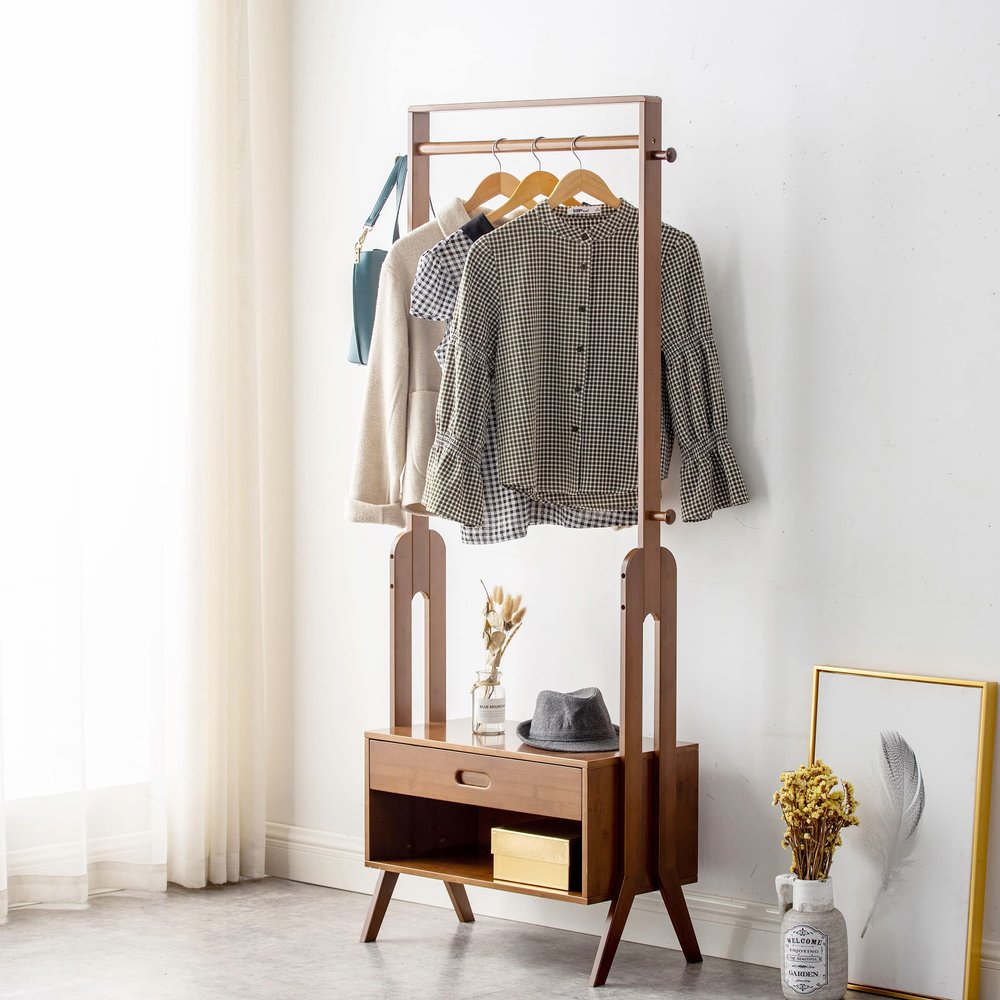Wilk Bamboo Entryway Bench with Coat Rack Freestanding,Hall Tree with Storage, Brown (25(L) x 13(W) x 66.7(H))