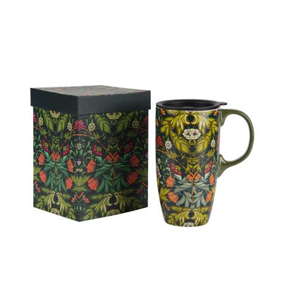 Voltogar Ceramic Mug Travel Coffee Cup with Lid for Home & Office, 17oz. Porcelain Tall Tea Cup with Handle, Green Flower Mug in Color Box, 6.5" H