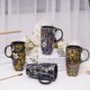 Voltogar Ceramic Mug Travel Coffee Cup with Lid for Home & Office, 17oz. Porcelain Tall Tea Cup with Handle, Green Flower Mug in Color Box, 6.5" H view 3
