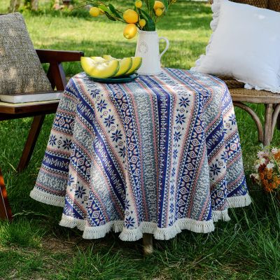 SUTAVIA Cotton Linen Tablecloth with Exquisite Floral Lace Tassel Dust-Proof Rustic Tablecloths for Dining Table Home Decor Holiday Party Buffet (Vintage Blue, 60" Round)