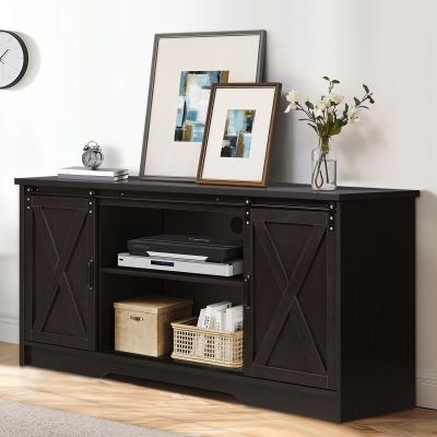 4 EVER WINNER 65 Inch TV Stand with Sliding Barn Doors, Espresso Entertainment Center for 65 Inch TV with Storage Cabinet, Farmhouse TV Stand for 65+ Inch TV for Living Room