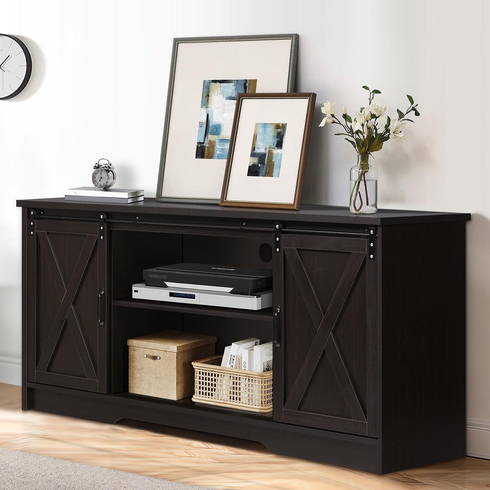 4 EVER WINNER 65 Inch TV Stand with Sliding Barn Doors, Espresso Entertainment Center for 65 Inch TV with Storage Cabinet, Farmhouse TV Stand for 65+ Inch TV for Living Room