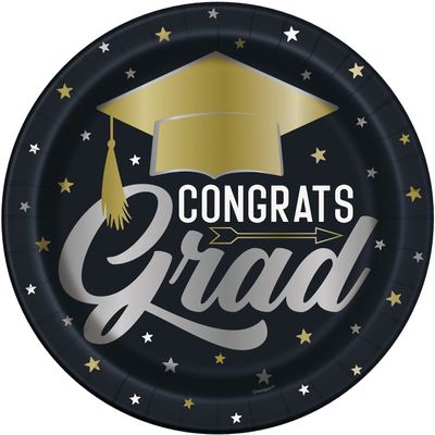 Stars & Caps Graduation Round Dinner Plates - 9" - Black & Yellow Design Tableware, Perfect For Graduation Parties & Events - Pack of 8