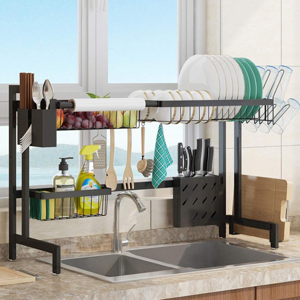 ZJYWMM Over The Sink Dish Drainer Rack, Stainless Steel Dish Drying Rack No Drill Dish Rack Kitchen Counter Storage for Glasses Bowls and Dishes-e 32inch in Length