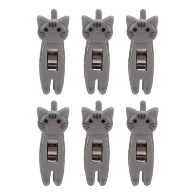 6Pcs Clothes Pins,Cartoon Cat Sealing Chip Clips,Cute Cat Clothespin Chip Clips,Metal Spring Firm Grip Food Bag Snack Clip with Non Slip Strips Handle (Gray)