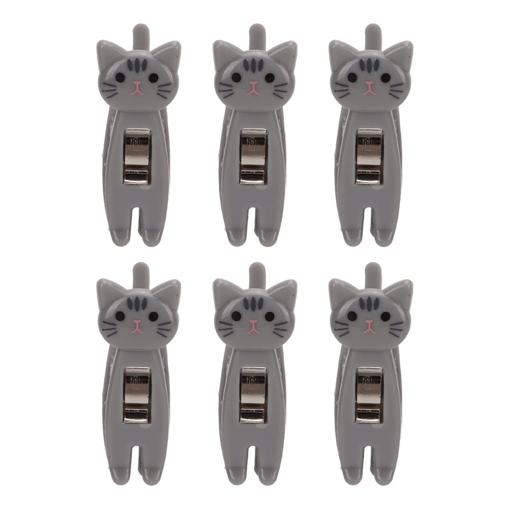 6Pcs Clothes Pins,Cartoon Cat Sealing Chip Clips,Cute Cat Clothespin Chip Clips,Metal Spring Firm Grip Food Bag Snack Clip with Non Slip Strips Handle (Gray)