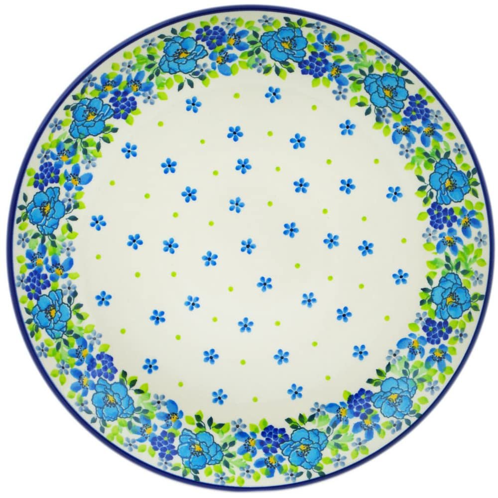 Polmedia Polish Pottery Dinner Plate UNIKAT - Blue Kissed Petals Pattern Handmade in Boleslawiec Poland by Ceramika Artystyczna + Certificate of Authenticity