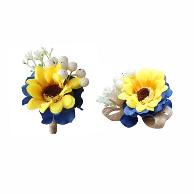 Wnvivi Sunflower Boutonniere & Sunflower Wrist Corsage Set, 2PCS Artificial Sunflower with Greenery Bride Bridesmaid Wedding Flower Corsage Wrist Flower, Pack of 2