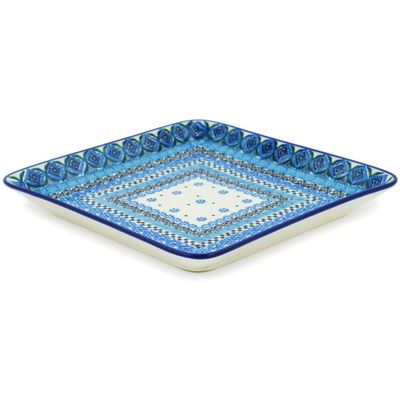 Polmedia Polish Pottery Square Platter 8-inch UNIKAT - Sparkling Sea Pattern Handmade in Boleslawiec Poland by Ceramika Artystyczna + Certificate of Authenticity