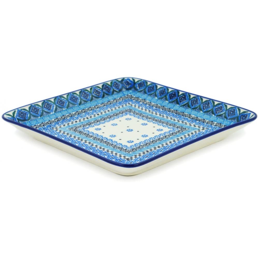 Polmedia Polish Pottery Square Platter 8-inch UNIKAT - Sparkling Sea Pattern Handmade in Boleslawiec Poland by Ceramika Artystyczna + Certificate of Authenticity