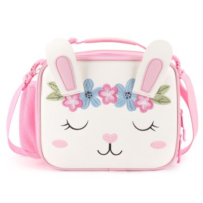 mibasies Kids Lunch Bag for Girls Leather Insulated Lunch Box with Water Bottle Holder and Shoulder Strap (White Bunny)
