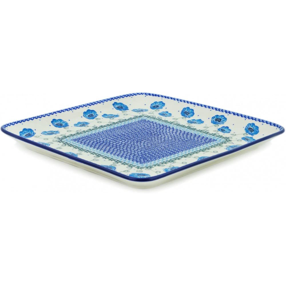 Polmedia Polish Pottery Platter 11-inch UNIKAT - Morning Poppies Pattern Handmade in Boleslawiec Poland by Ceramika Artystyczna + Certificate of Authenticity