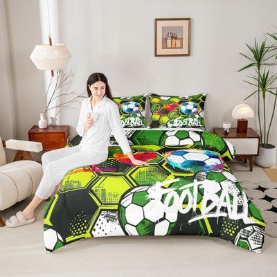American Football Comforter Set Queen Size,Soccer Sport Games Bedding Set 3pcs for Kids Teens Boys Girls Room Decor, Honeycomb Hexagon Quilt Set Graffiti Green Duvet Insert with 2 Pillowcases