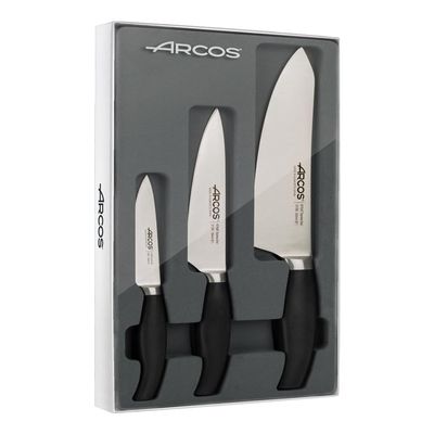 Arcos Forged Kitchen Knife Set 3 Pieces (Paring Knife + Kitchen Knife + Chef's Knife). Stainless Steel Forged Nitrum. Polypropylene POM Handle. Series Clara. Black Color