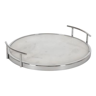Kate and Laurel Marbury Modern Round Marble Tray; 14 Inch Diameter; Silver; Decorative White Marble Tray for Display and Storage