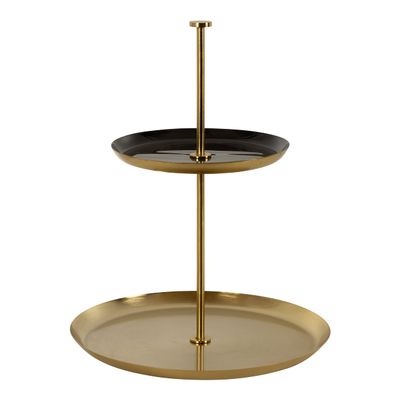 Kate and Laurel Laranya Modern Two Tier Tray; 12 x 12 x 15; Black and Gold; Decorative Round Multi Tiered Tray for Display and Storage
