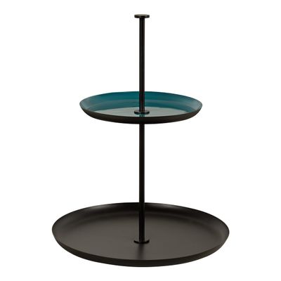 Kate and Laurel Laranya Modern Two Tier Tray; 12 x 12 x 15; Teal and Black; Decorative Round Multi Tiered Tray for Display and Storage
