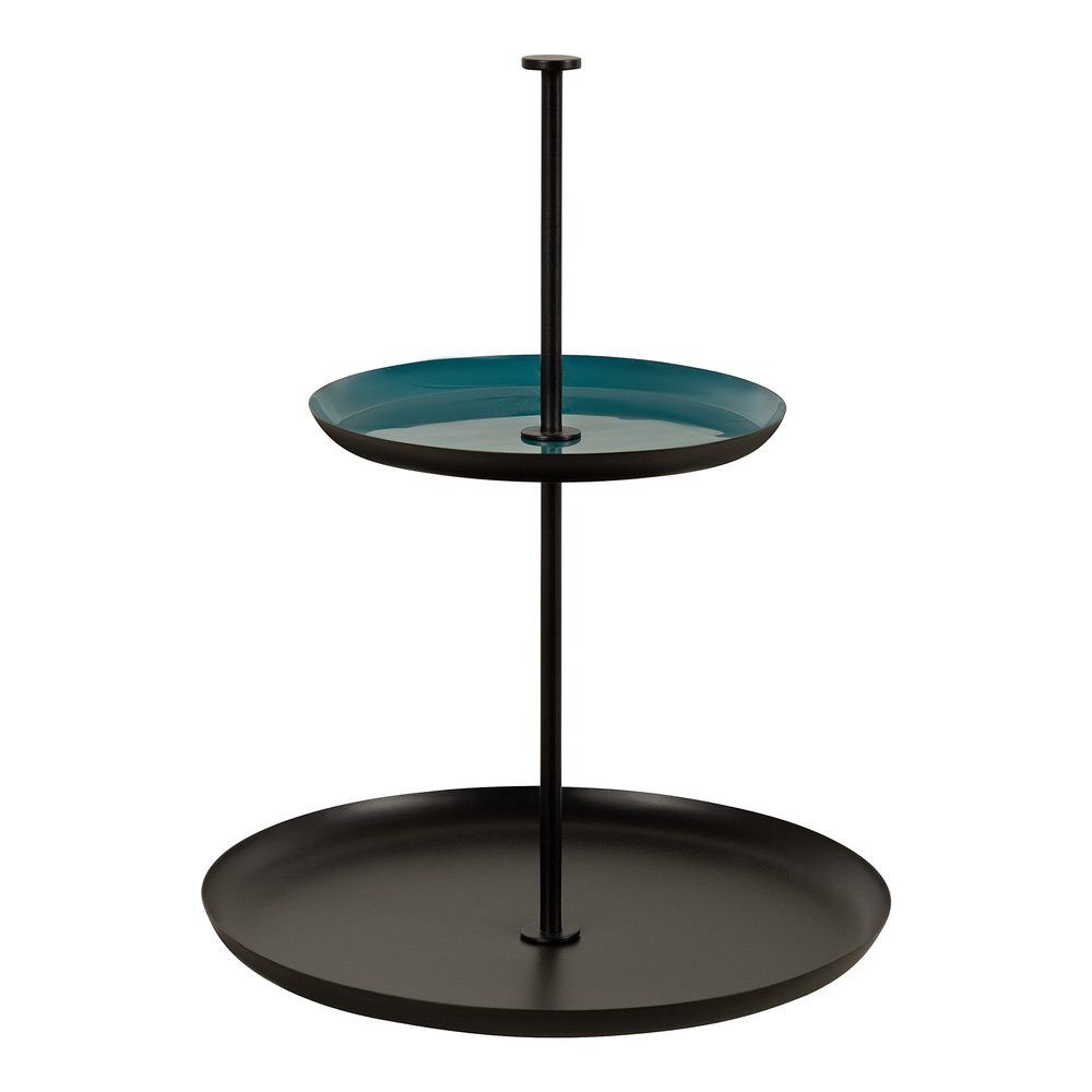 Kate and Laurel Laranya Modern Two Tier Tray; 12 x 12 x 15; Teal and Black; Decorative Round Multi Tiered Tray for Display and Storage