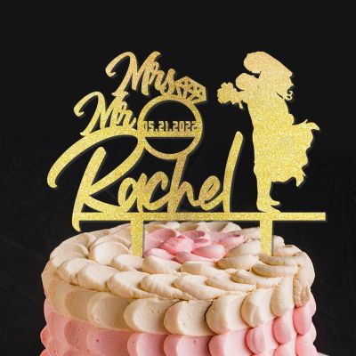 Bride And Groom Silhouette Cake Topper for Wedding To Be Bride & Groom Cake Toppers Customized Last Name & Date Engagement Cake Topper Gold Glitter Acrylic Romantic Cake Top for Engagement Anniversary
