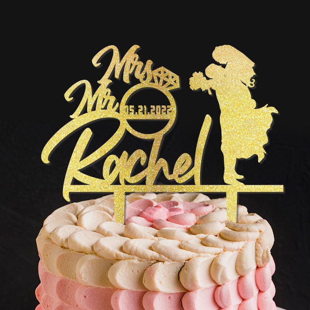 Bride And Groom Silhouette Cake Topper for Wedding To Be Bride & Groom Cake Toppers Customized Last Name & Date Engagement Cake Topper Gold Glitter Acrylic Romantic Cake Top for Engagement Anniversary