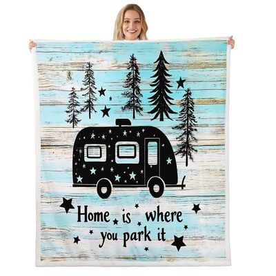 Camper Plush Fleece Throw Blanket for Camping, Travel, Bed, Sofa, Couch - Twin 60"x80" - Happy Camping Theme - Sherpa - Microfiber - Vintage Wooden Door - Warm & Fuzzy