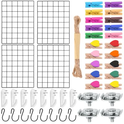 Wokape 45Pcs Wire Wall Grid Panel Accessories for Photo Display, Grid Photo Wall Panel with 16 Hooks 24 Clips 33ft Hemp Rope for Home Office Kitchen Decor (4 Pack, 15.7  11.8")