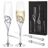4 Piece Champagne Flutes and Cake Knife Server Set, Bride and Groom Toasting Flutes with Cake Cutting Set, Diamond Champagne Glasses Set for Wedding Reception Anniversary Party House Warming, Silver view 1