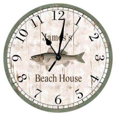 Personalized Beach House Custom Round Wall Clock Striped Bass Beach Decor Ocean Coastal Art Clocks Non Ticking Silent 15Inch Wall Clocks Vintage Farmhouse Beach for Laundry Room Bedroom