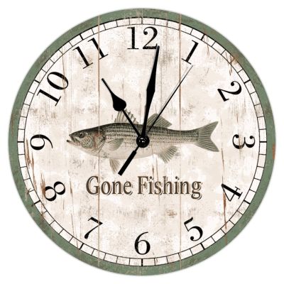 Go Fishing Wooden Wall Clock Striped Bass Beach Decor Ocean Coastal Wood Wall Clocks Non Ticking Silent 15Inch Wall Clocks Farmhouse Beach Home Decoration for Laundry Room Bedroom Birthday Gift