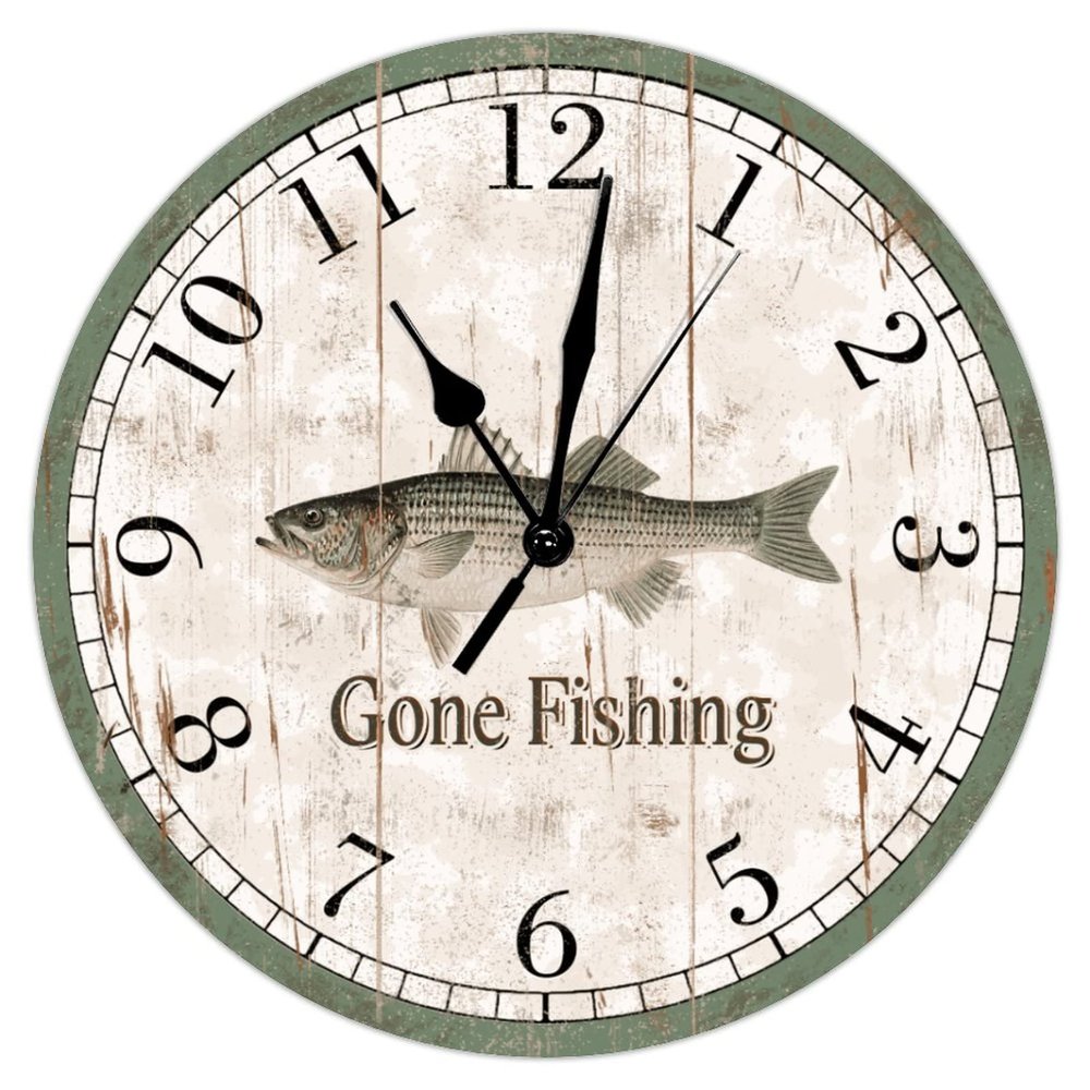 Go Fishing Wooden Wall Clock Striped Bass Beach Decor Ocean Coastal Wood Wall Clocks Non Ticking Silent 15Inch Wall Clocks Farmhouse Beach Home Decoration for Laundry Room Bedroom Birthday Gift