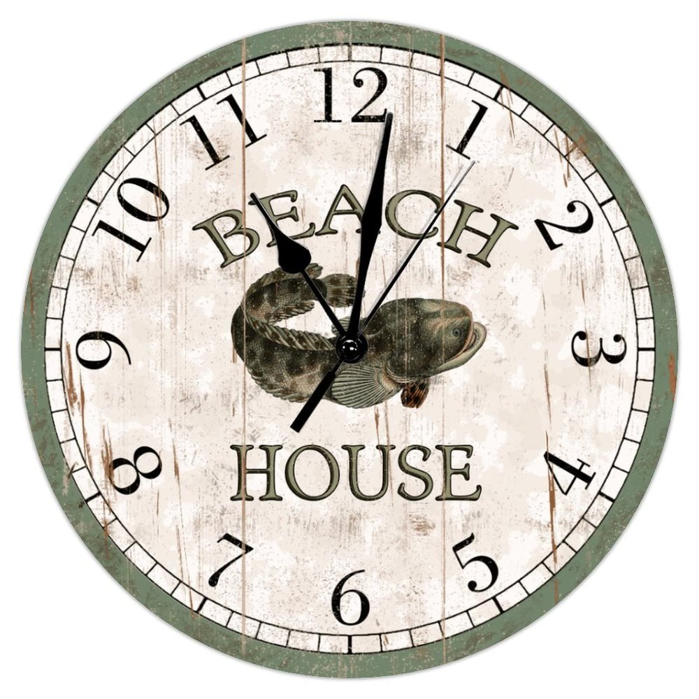 Beach House Round Clock Pacuma Toadfish Beach Decor Ocean Coastal Clocks Non Ticking Silent 12Inch Wall Clock Shabby Chic Ocean for Laundry Room Bedroom Birthday Housewarming Gift