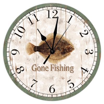 Go Fishing Wood Wall Clock Greenback Flounder Beach Decor Ocean Coastal Wall Clocks Quartz Battery Operated 12Inch Clock Rustic Farmhouse for Kitchen Bedroom Office Birthday Housewarming Gift