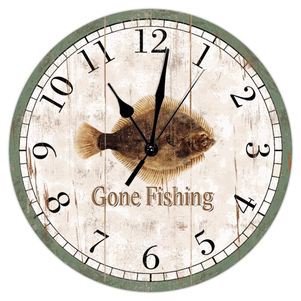 Go Fishing Wood Wall Clock Greenback Flounder Beach Decor Ocean Coastal Wall Clocks Quartz Battery Operated 12Inch Clock Rustic Farmhouse for Kitchen Bedroom Office Birthday Housewarming Gift