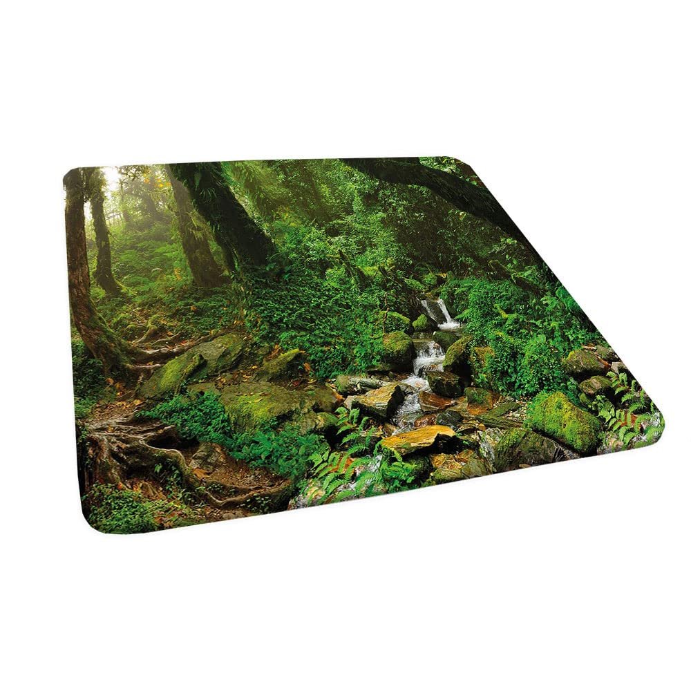 Landscape Square Table Cove, Rainforest Trees and Fresh Grass in Jungle Wildlife Nature Tropical Photo, Elastic Edge, Can Wipe Indoor/Outdoor Dining Table Cover, 44"x44" Green Brown