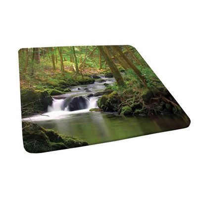 Nature Square Fitted Tablecloth, Stream Flowing in Forest Mossy Rocks Tree Foliage Splash Summertime Hiking, Elastic Edge, Can Wipe Indoor/Outdoor Dining Table Cover, 35"x35" Green Brown