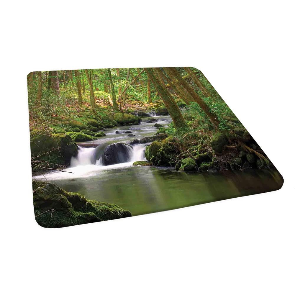 Nature Square Fitted Tablecloth, Stream Flowing in Forest Mossy Rocks Tree Foliage Splash Summertime Hiking, Elastic Edge, Can Wipe Indoor/Outdoor Dining Table Cover, 35"x35" Green Brown