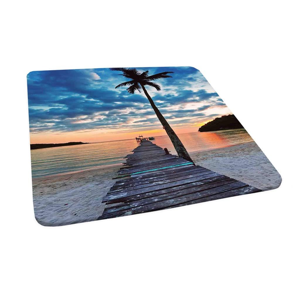 ESFVRG Pier Square Table Cove, Wooden Plank Jetty Through The Calm Ocean Tropic Palm Tree and Dramatic Sky, Elastic Edge, Suitable for Table Decoration, Buffet and Camping, 44"x44" Pale Blue
