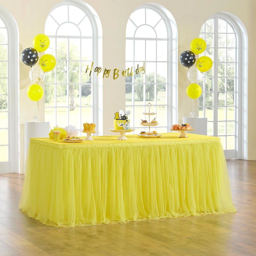 108in Yellow Tulle Table Skirts for Rectabgle Tables 6/8/4ft, 2-Layer Gold Grim Ruffle Tulle Tutu Cloth Table Skirt 9ft Decor Bee Themed Birthday Party Wedding Baby Shower Cake Dessert(No Table Cover)
