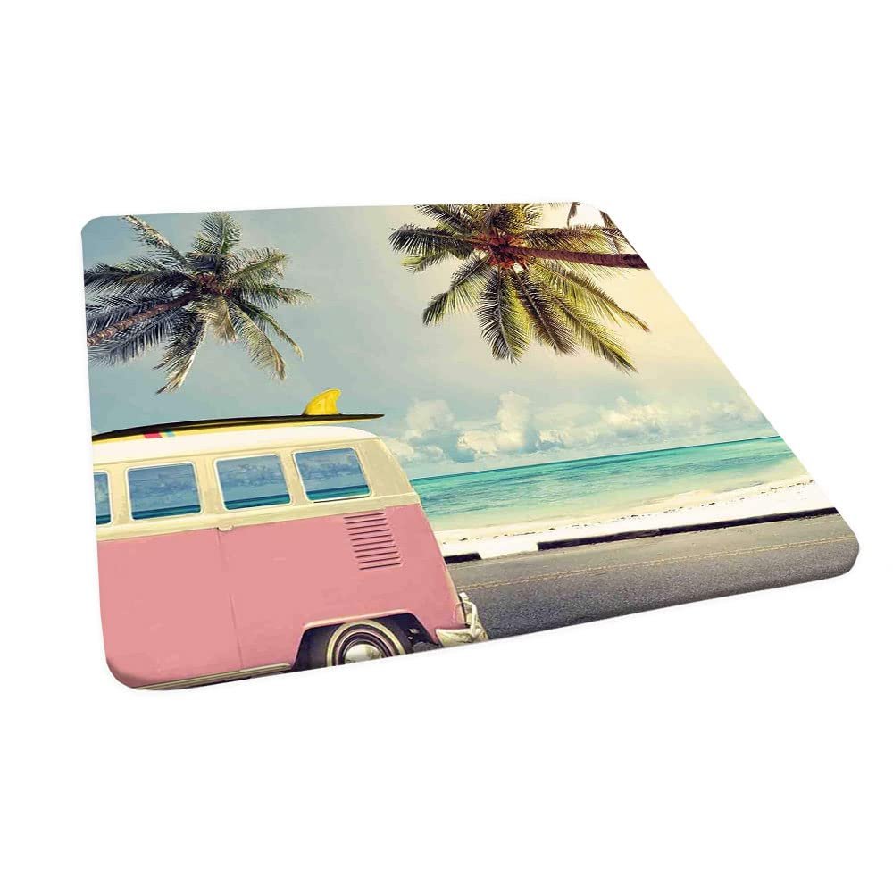 Surf Square Table Cove, Minivan The Beach Retro Inspired Vacation Clouds in Summer Sky Honeymoon Destination, Elastic Edge, Can Wipe Indoor/Outdoor Dining Table Cover, 44"x44" Green Pink