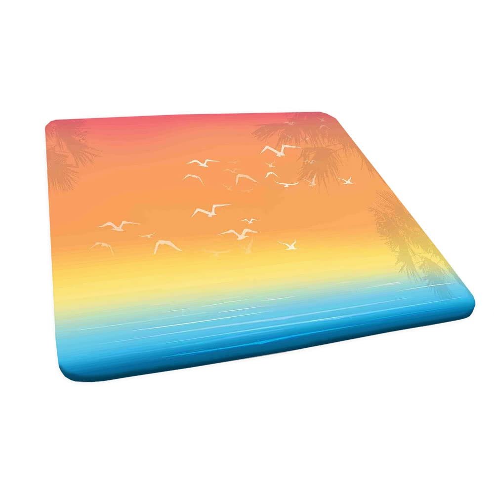 Seagulls Square Table Cove, Tropical Island Sunset Print with Setting Sun Sea Palm Trees and Birds in Flight, Elastic Edge, Suitable for Catering and Kitchen, 44"x44" Salmon Ombre