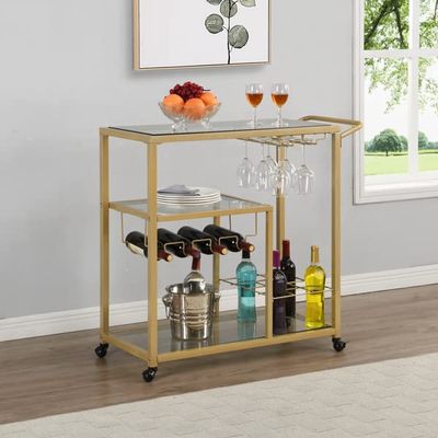 93X40X88 cm RollingBar Cart, Metal Serving Cart with Tempered Glass, Glass Bar and Serving Cart, Tea Serving Bar Cart with Wheels, Suitable for Restaurant, Hotel, Golden Bar Cart