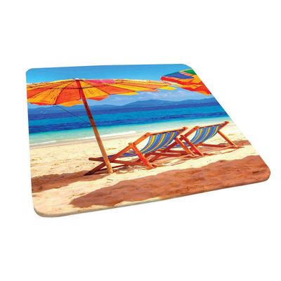 Seaside Square Fitted Tablecloth, Deck Chairs Overlooking Tropical Sea of Thailand Beach Exotic Holiday Picture, Elastic Edge, Can Wipe Indoor/Outdoor Dining Table Cover, 35"x35" Orange Blue
