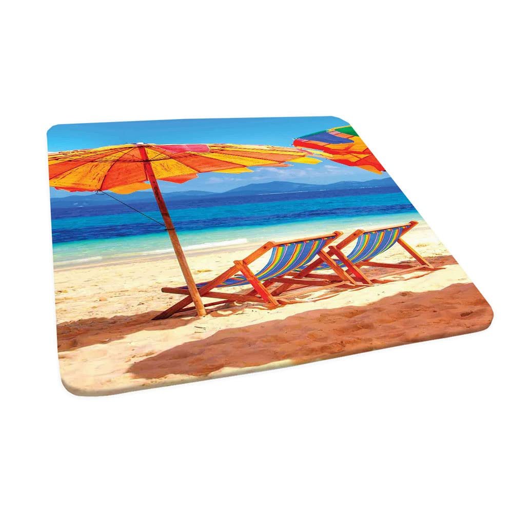 Seaside Square Fitted Tablecloth, Deck Chairs Overlooking Tropical Sea of Thailand Beach Exotic Holiday Picture, Elastic Edge, Can Wipe Indoor/Outdoor Dining Table Cover, 35"x35" Orange Blue