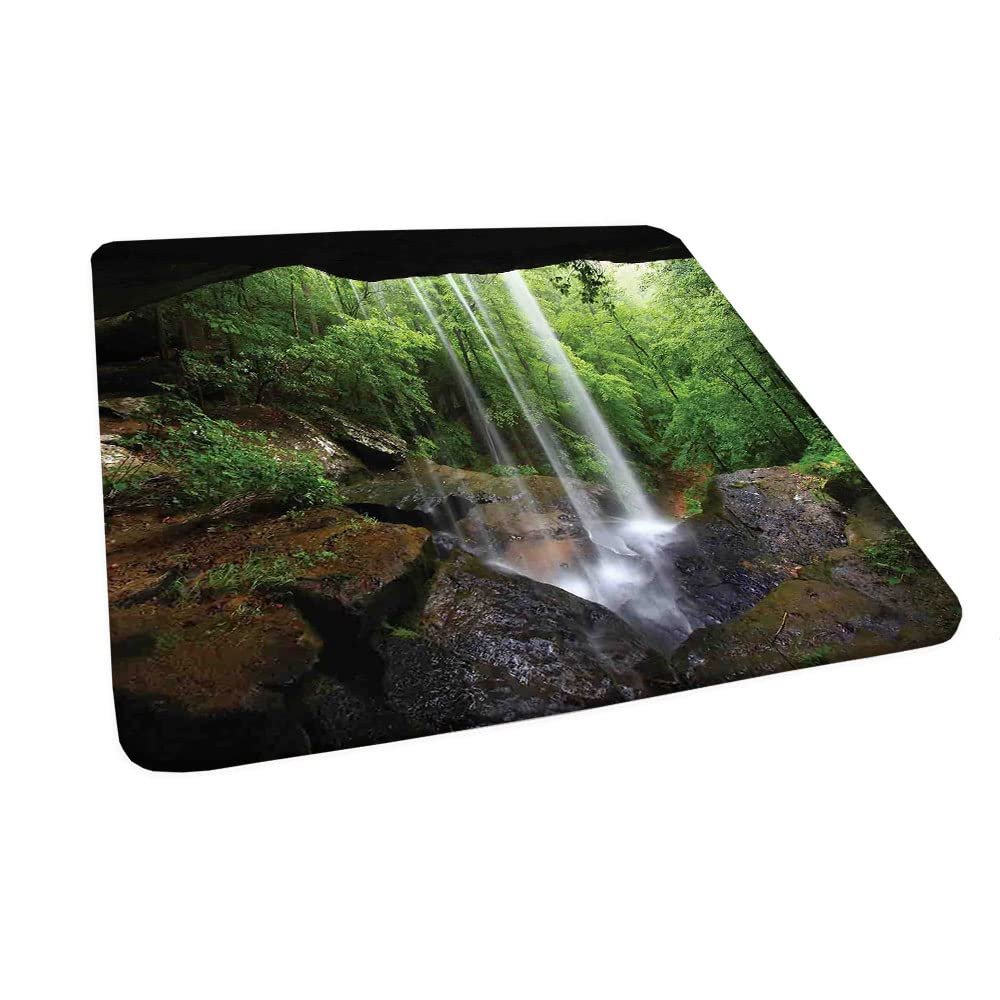 Natural Square Table Cove, Still Waterfall in Ecosystem Landscape Forest, Elastic Edge, Suitable for Kitchen Party Picnic, 44"x44" Green Brown
